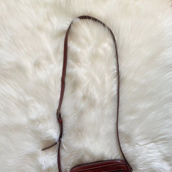 VTG Roots Red Brown Leather Cream Woven Canvas Crossbody Purse Bag - Picture 2 of 9